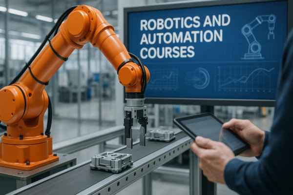 ROBOTER_AUTOMATISIERUNG_WEITERBILDUNG_KURSE_HALLE Automatisierung - Robotik Weiterbildung. Darstellung einer Übung mit Roboter in einer Automatisierungsumgebung