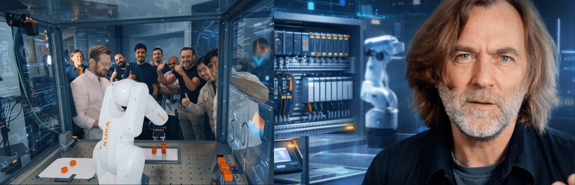 Automatisierungstechnik Weiterbildung – Collage mit Industrieroboter, Teilnehmern der Weiterbildung und Dozent Jürgen Pacher
